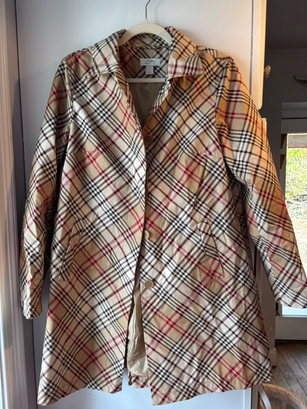 LOFT Beige Plaid Trench Coat with Red and Black Accents